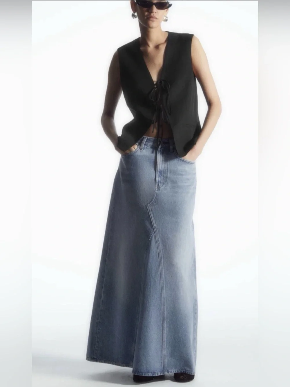 COS Blue Panelled Denim Maxi Skirt 100% Cotton High Rise Size 4